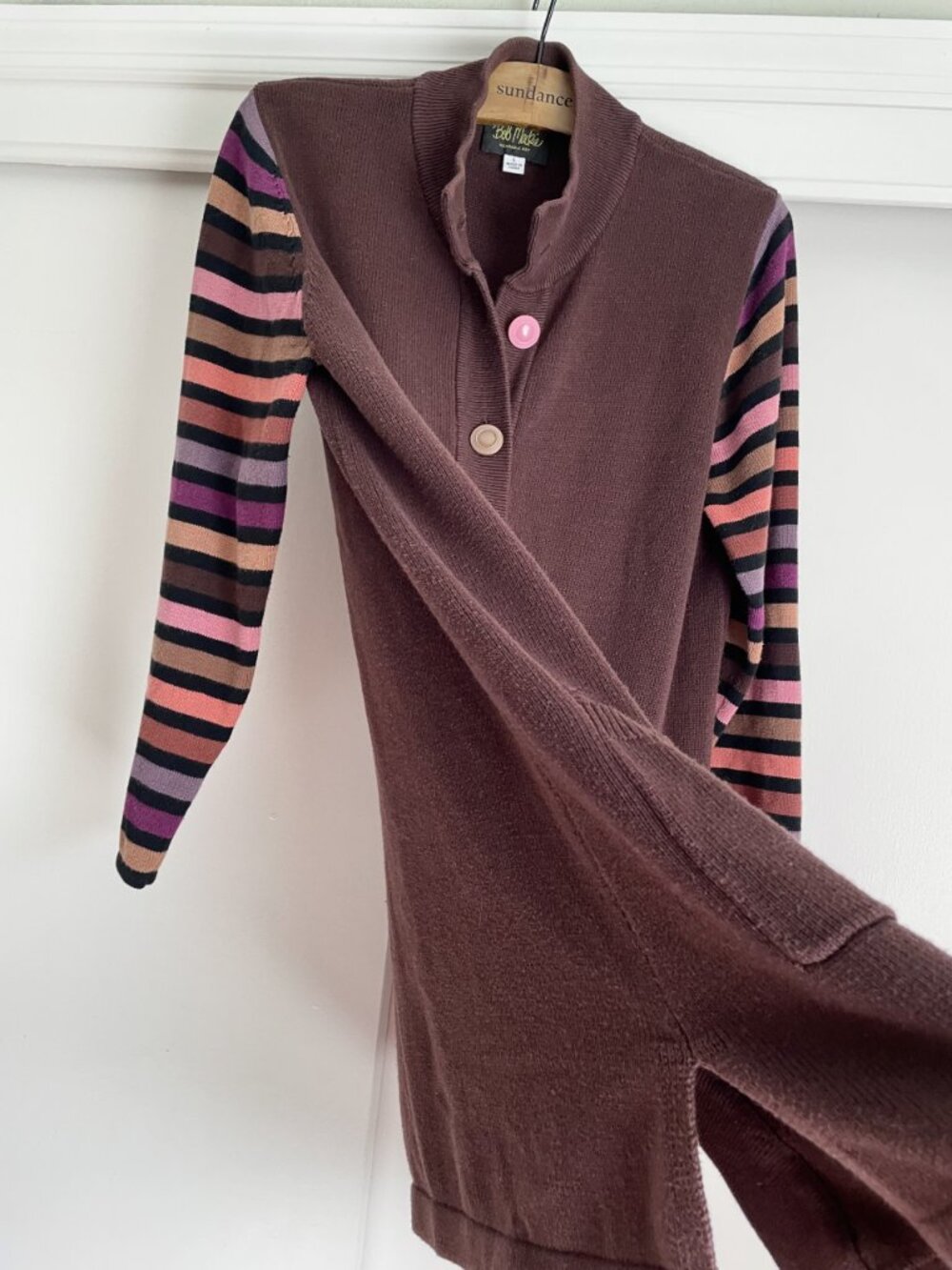 Bob Mackie Vintage Button Front Tall Long Cardigan Sweater L Brown Stripe Duster - Picture 2 of 10